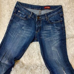 Y2K Express Jeans Medium Wash Distressed Blue Jeans “ Eva” wide leg bell bottoms